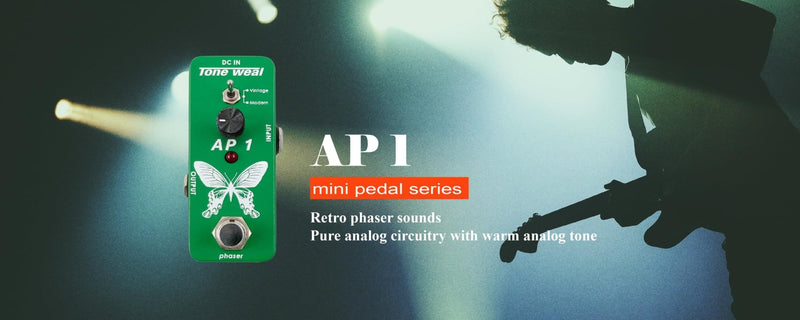 MINI Pedal Series—AP1 delivers warm, vintage phaser tones with speed control and two selectable waveforms. It was designed and made in Taiwan.