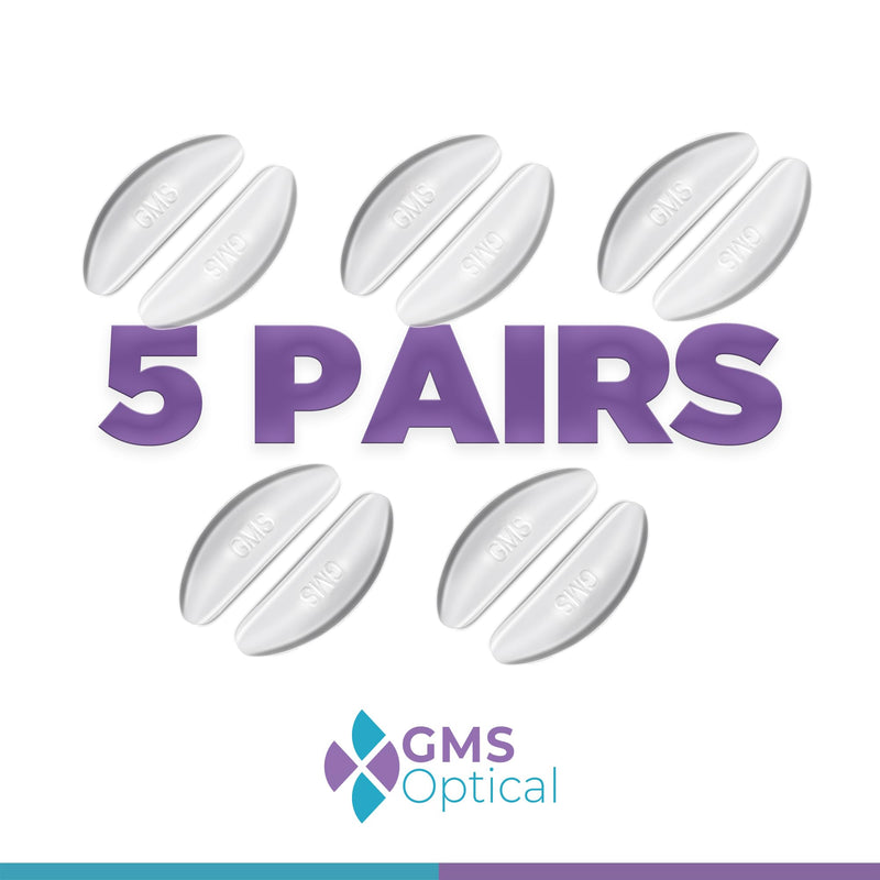 GMS Optical® 1.3mm Ultra-Thin / 18mm Long Length - Anti-Slip Adhesive Contoured Silicone Eyeglass Nose Pads with Super Sticky Backing for Glasses, Sunglasses, and Eye Wear - 5 Pair (Clear) Clear