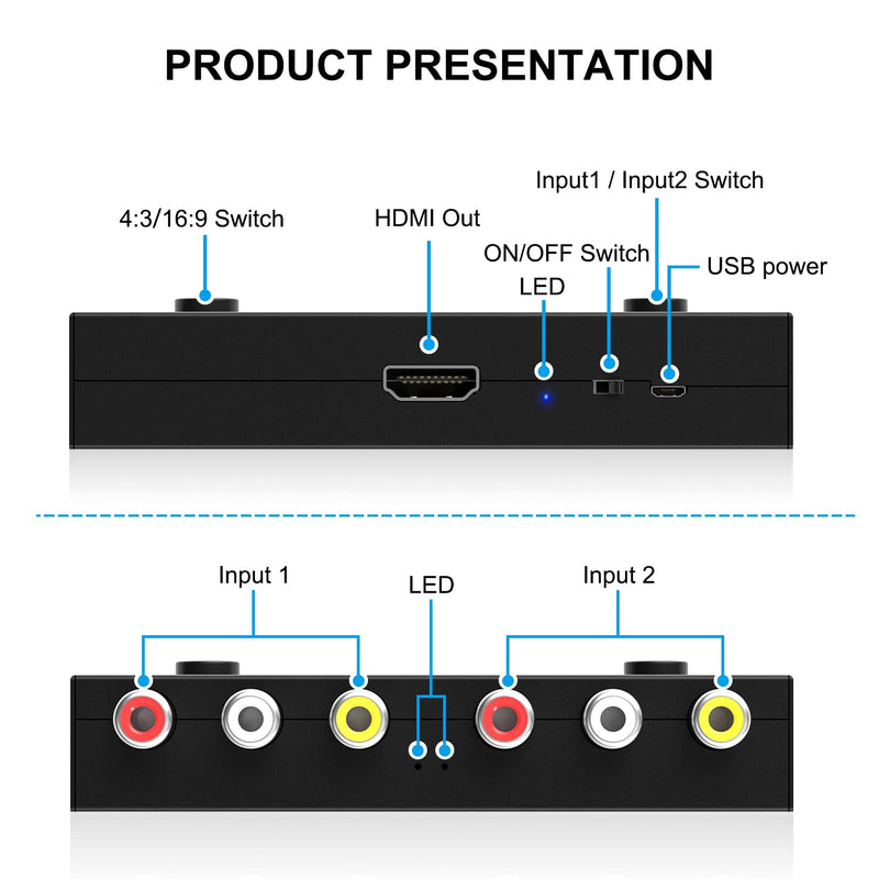 2 AV to HDMI Converter, 1080P/720P 2 Port RCA Composite CVBS AV Switch to HDMI Converter Adapter Support 4:3/16:9 Switching, for TV PC PS2 PS3 N64 NGC SNES WII VHS VCR Camera DVD-Black 2AV to HDMI Converter