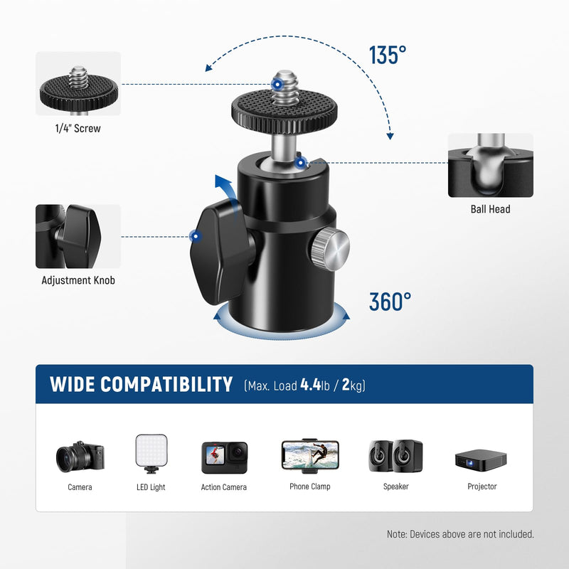 [AUSTRALIA] - NEEWER 2 Pack T Type Wall Ceiling Mount, Ring Light Wall Mount Bracket with Detachable Ball Head, 5/8" Stud, 1/4" Screw for Flash Strobe Camera Monitor Studio Lighting, Max Load: 4.4lb/2kg, TS008 