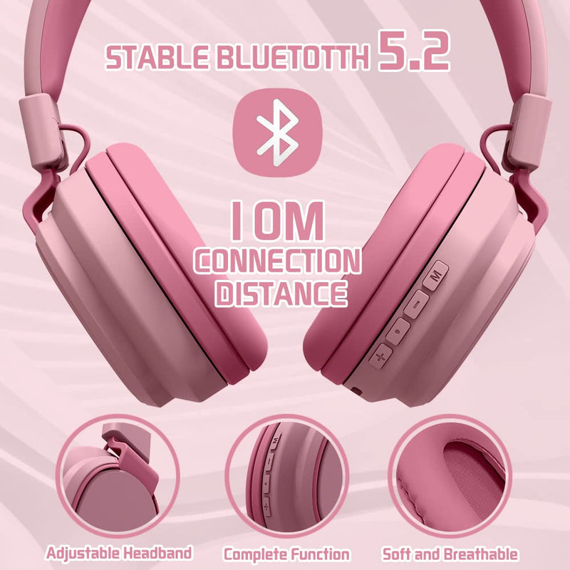 Headphones Kids Bluetooth Wireless Volume Limited 85/110dB Over On Ear Foldable Noise Protection Headset with Cable AUX 3.5mm Mic for Child Boy Girl Travel School Pad Tablet Pink