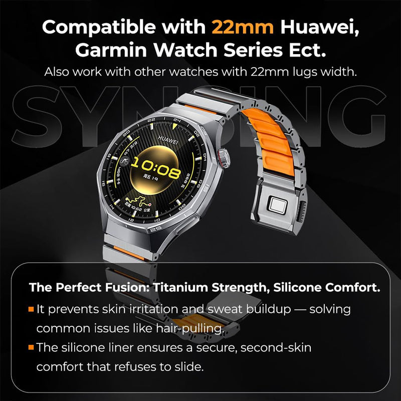 22mm Universal Titanium Watch Band for Huawei GT6/GT6 Pro/GT5/4/3 Pro/3 46mm, Garmin Fenix 8 47mm/Fenix 6 Pro/7/5 Plus- Hybrid Silicone Lining, Adjustable, Lightweight Anti-Slip, No Hair Pull black grey 22mm