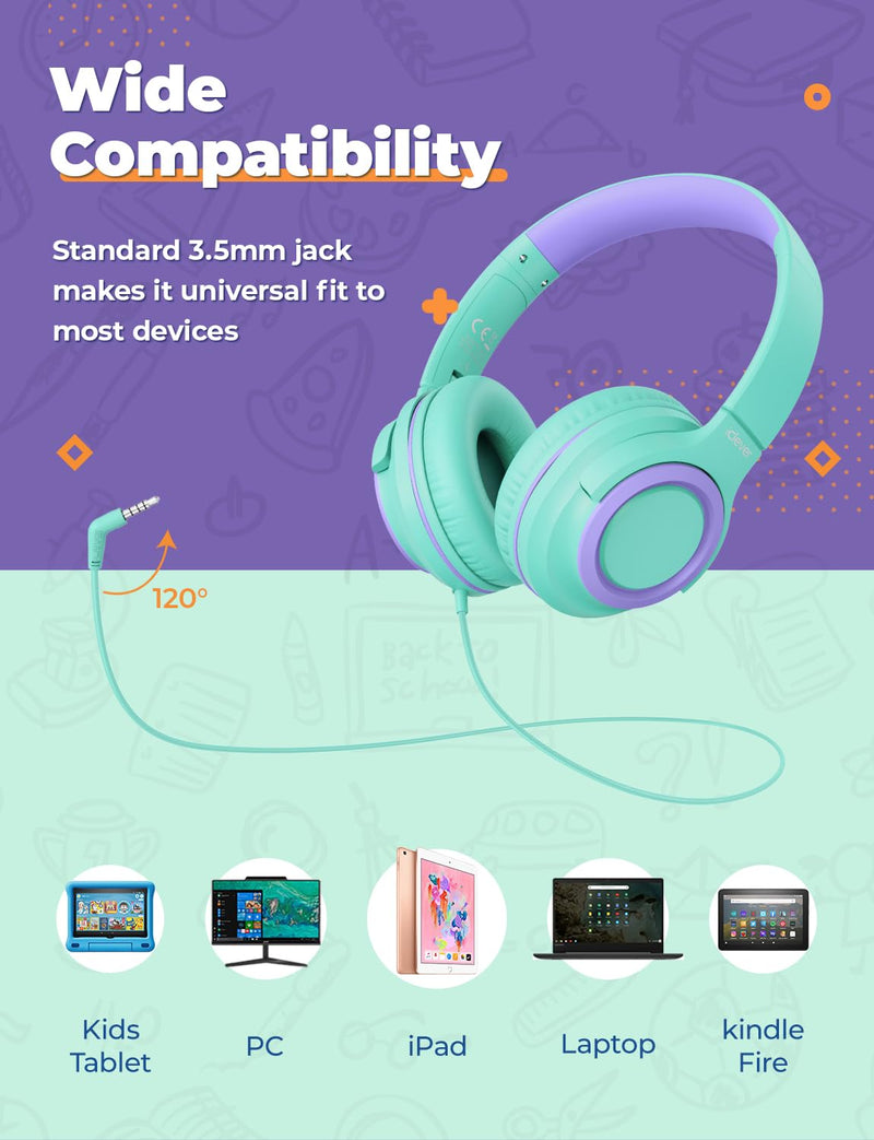 [AUSTRALIA] - iClever 2Pack Kids Headphones with Sharing Splitter - 85dBA Safe Volume Limited - HS22 Wired Headphones for Kids Teens, Tangle-Free 3.5mm Jack Foldable Stereo Headphones for School/Tablet/Travel Green & Blue 