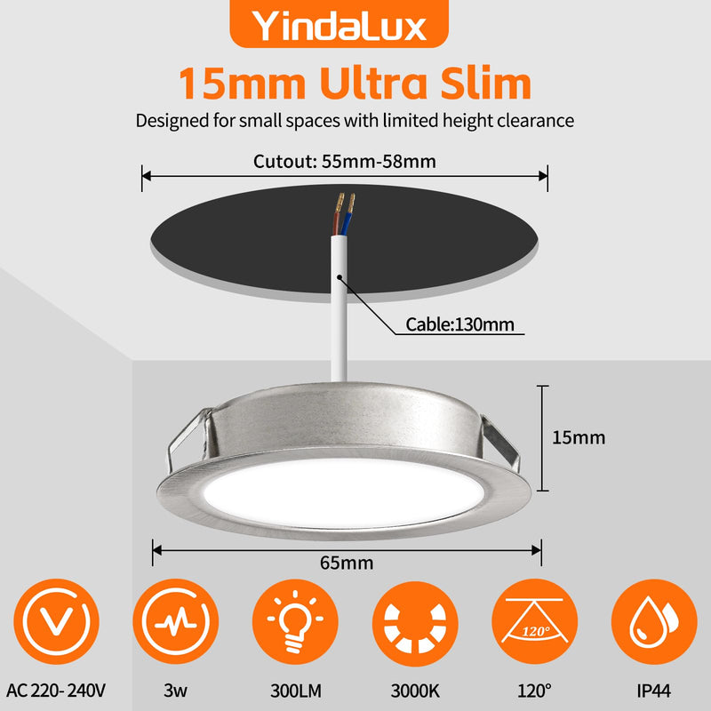 YindaLux Set of 3 LED Recessed Spotlights 230 V 3 W 3000 K Warm White Ultra Flat 300LM Bore Hole 55-58 mm and 15 mm Flat IP44 Furniture Recessed Light for Mirror Cabinet Brushed Nickel 3 Stück Brushed Stainless Steel 3000 K