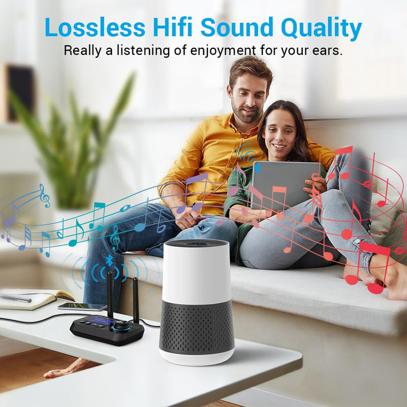 Bluetooth Transmitter Receiver 3-in-1 Bluetooth 5.3 Audio Adapter for 2 Headphones with Dual Antenna Bypass Volume Control LCD Display 3.5mm Aux/Optical/RCA for Home Stereo TV Speaker PC
