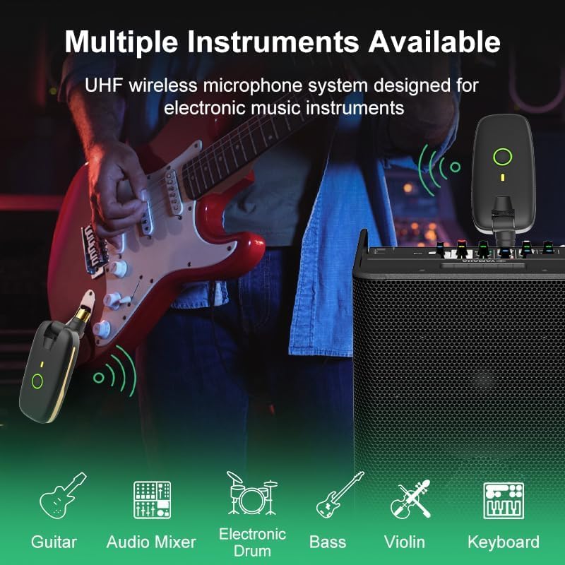 [AUSTRALIA] - Wireless Guitar System with UHF Transmitter and Receiver, 7-Channel Rechargeable Audio, 164 Feet Range, 1/4” and 1/8” 2 in 1 Plug, USB-C Charging, Perfect for Guitar Bass Electric Musical Instruments 
