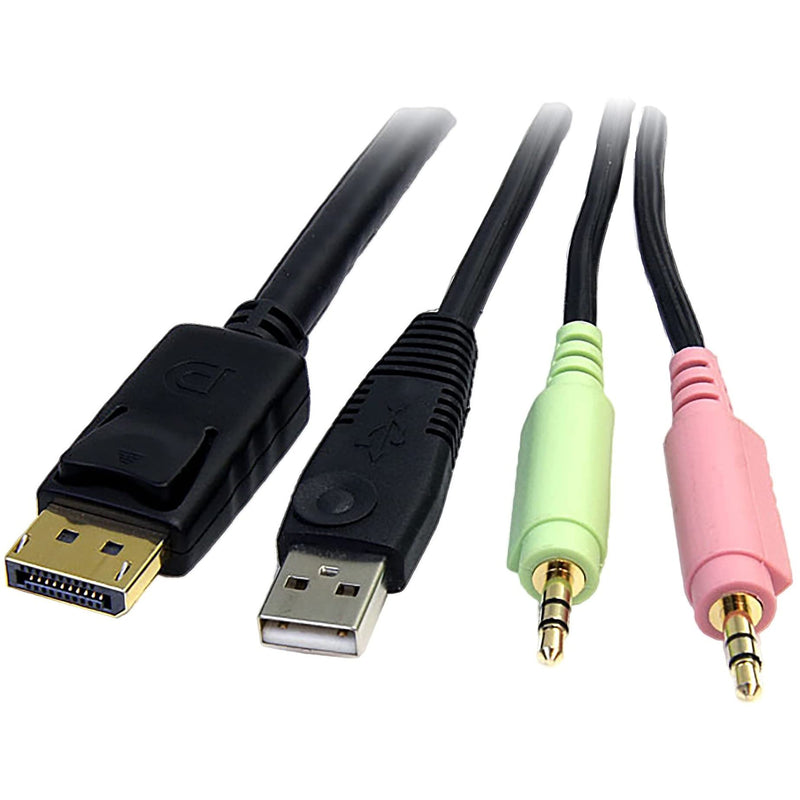 StarTech.com 6ft 4-in-1 USB DisplayPort KVM Switch Cable w/Audio & Microphone (DP4N1USB6),Black | Latching DisplayPort, Single bundled cable for keyboard video mouse, Gold plated connectors, Molded strain relief