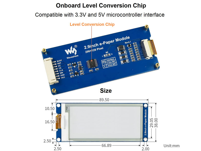 2.9 inch E-Paper Module 296 x 128 Resolution 3.3 V/5 V Two-Colour E-Ink Display Module epaper Screen SPI Interface for Raspberry Pi/Arduino/Nucleo Support Partial Refresh 2.9inch E-paper Display Module