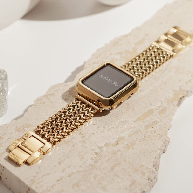 My Pretty Strap Gold Apple Watch Band & Glossy XOXO Protective Case Bundle – Elegant Stainless Steel Strap & Luxury Metal Cover for Apple Watch Series 1-11, SE & Ultra (38MM) Mermaid