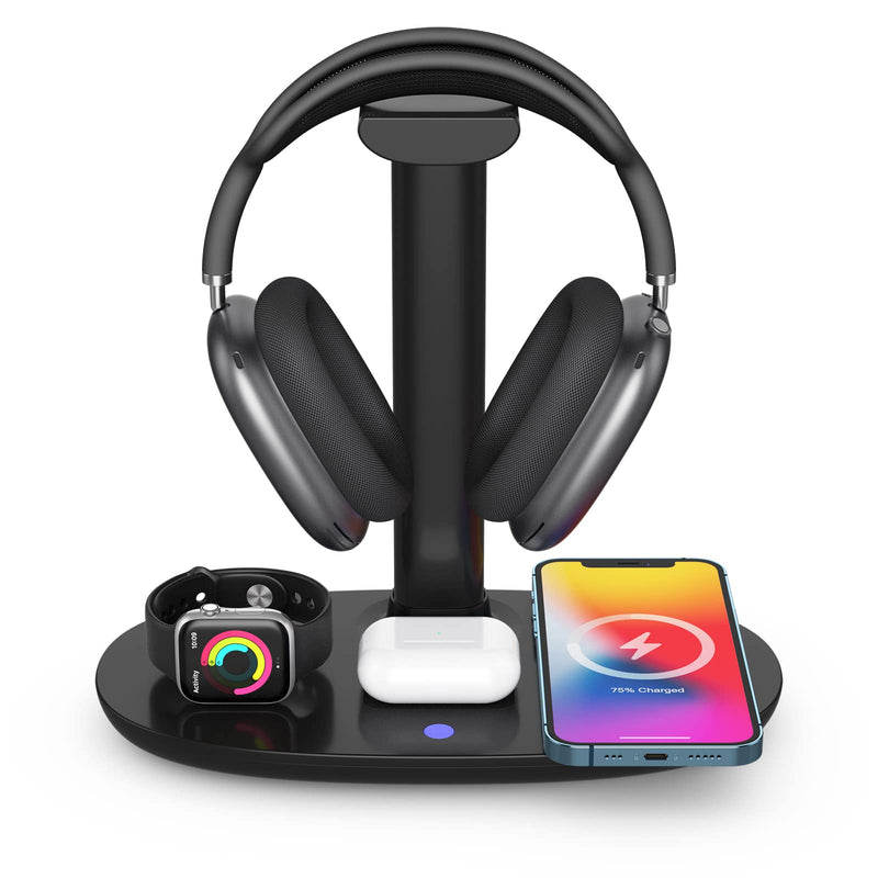 Headphone Stand with 15w Wireless Charger, Suguder 4 in 1 Qi Charging Station Headset Holder for AirPods Max/Pro/2 iWatch 7/6/5/4/3/2/1/SE iPhone 13/12/11/XS/XR/X/8 Series for Desktop Table Game,Black Black