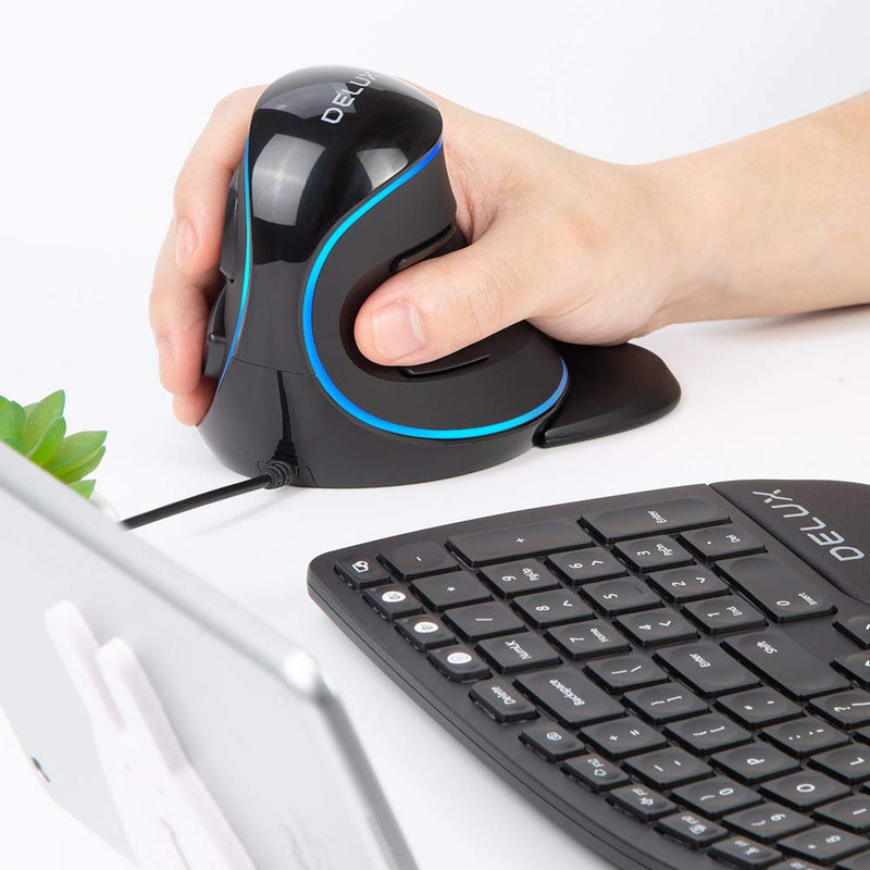 DELUX Wired Ergonomic Mouse with 7200DPI, Vertical Mouse Large with 6 Programmble Buttons, Blue LED Light, On-Board Software and Removable Palm Rest for PC Computer Laptop(M618PU-Black) Black