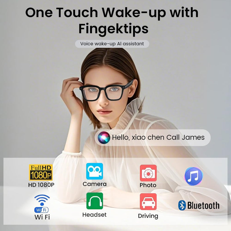 Al Smart Glasses ,1080p HD Camera with Music & Call Features, Ai Bluetooth Glasses for Remote Video Recording, Voice Control,with 32GB Storage for Travel, Sports, Outdoor Use (Anti-Blue Light Lens) Anti-Blue Light Lens