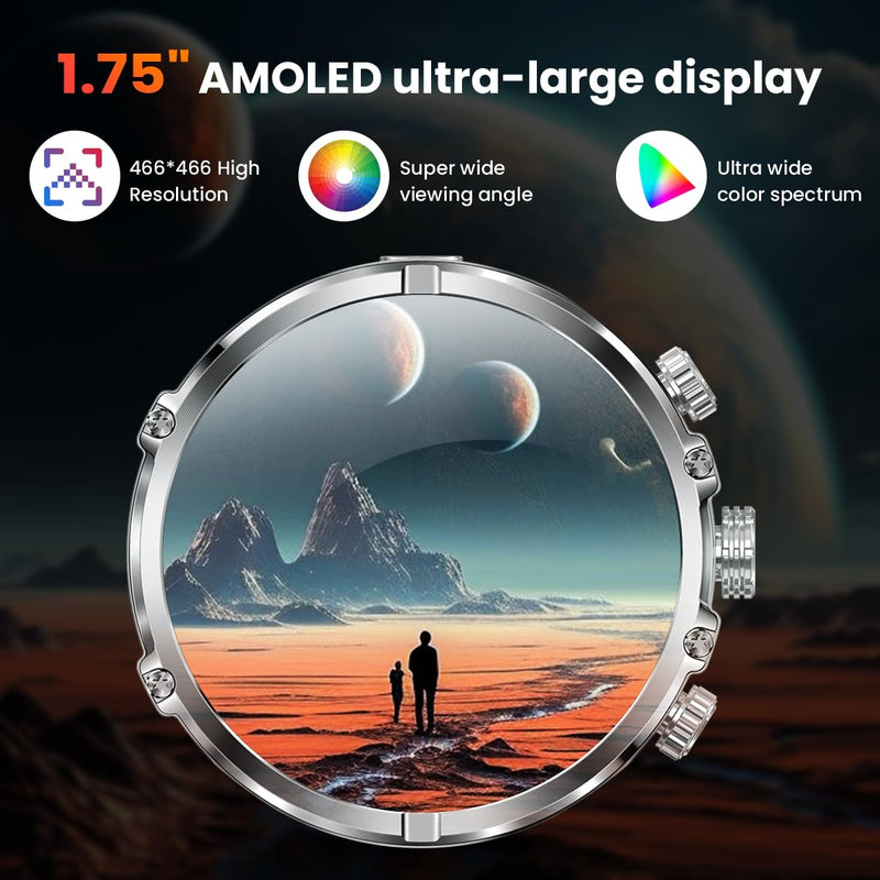 Rogbid Smart Watch, 1.75-Inch AMOLED Display, IP67 Waterproof SmartWatch for Men with Flashlight, Answer/Make Call Fitness Trackers, 120+ Sports Modes, 15 Days Battery Life, Silver