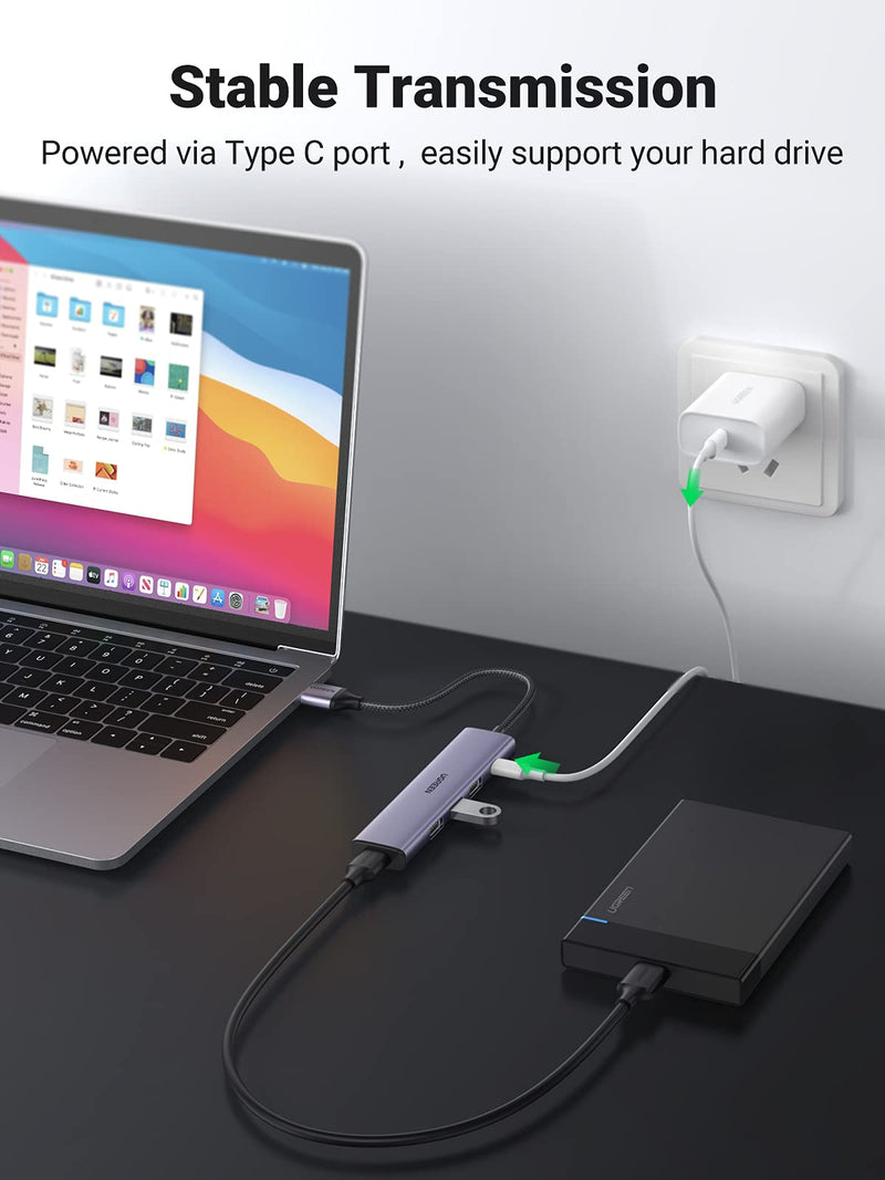UGREEN USB Hub, Aluminum 4-Port USB 3.0 Hub with Powered Support Output for High Power Equipment, USB Port Splitter for Laptop,iMac, MacBook, Surface Pro, Dell, PS4, Flash Drive, Mobile HDD