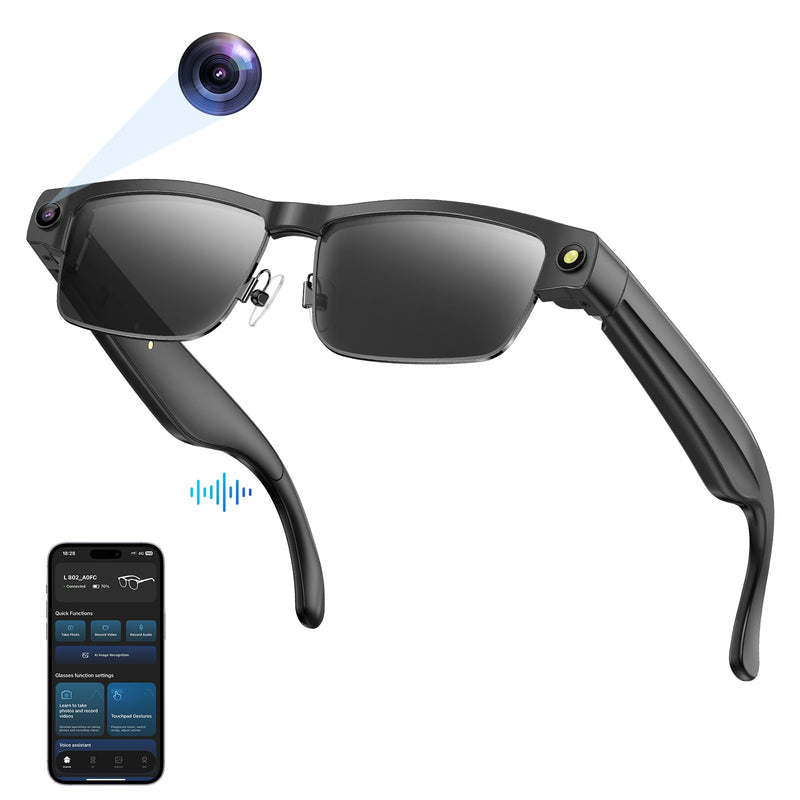 Smart Bluetooth Glasses with HD Camera –1080P Video Recording, AI Voice, Chatgpt, Open-Ear Audio, Music,Call, ANC Mic,Fashion Smart Sunglasses with Outdoor UV Protection,Wifi,Translation for Men Women Black