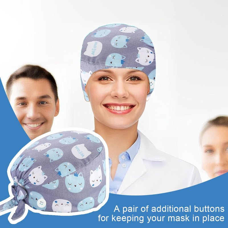 [AUSTRALIA] - BQRKOTM Unisex Scrub Hat, Cotton Scrub Cap with Adjustable Sweatband, Printed Medical Hat with Buttons, Dust Cap 