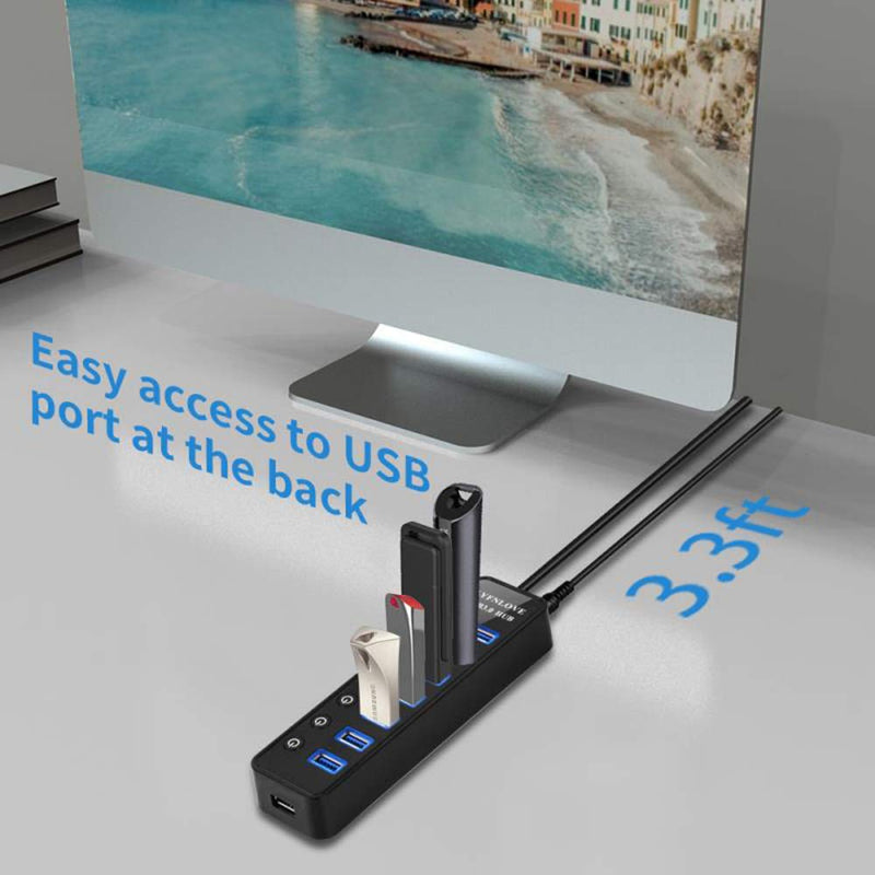 USB Hub 3.0 Powered, LYFNLOVE USB Extender 7-Port Data USB Hub with Power Adapter and 1 Smart Charging Port, USB Splitter with On/Off Switches for MacBook, Mac Pro/Mini, iMac, Surface Pro Laptop/PC