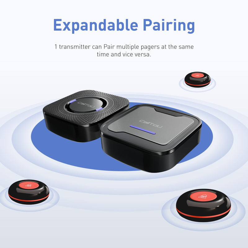 CallToU Wireless Caregiver Pager Call Button Nurse Calling Alert System Call Bell Elderly Patient Disabled with 2 Transmitters 1 Plug-in Receiver 1 Battery Portable Receiver 2 Call Buttons & 2 Receivers