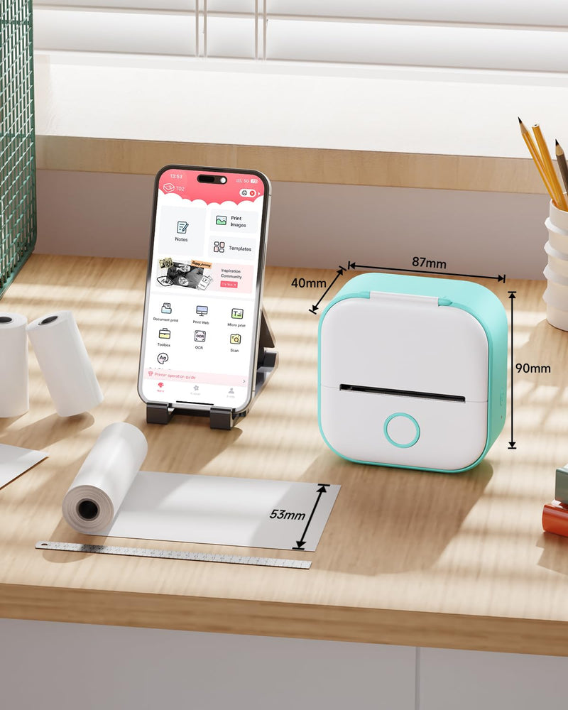 [AUSTRALIA] - Memoqueen Mini Sticker Printer T02 Pocket Portable Bluetooth Thermal Printer with 3 Rolls Paper for Journal, Memo, Photo, DIY Scrapbook, Travel, Children Gifts, Compatible with iOS & Android, Green 1 Printer & 3 Rolls Paper 