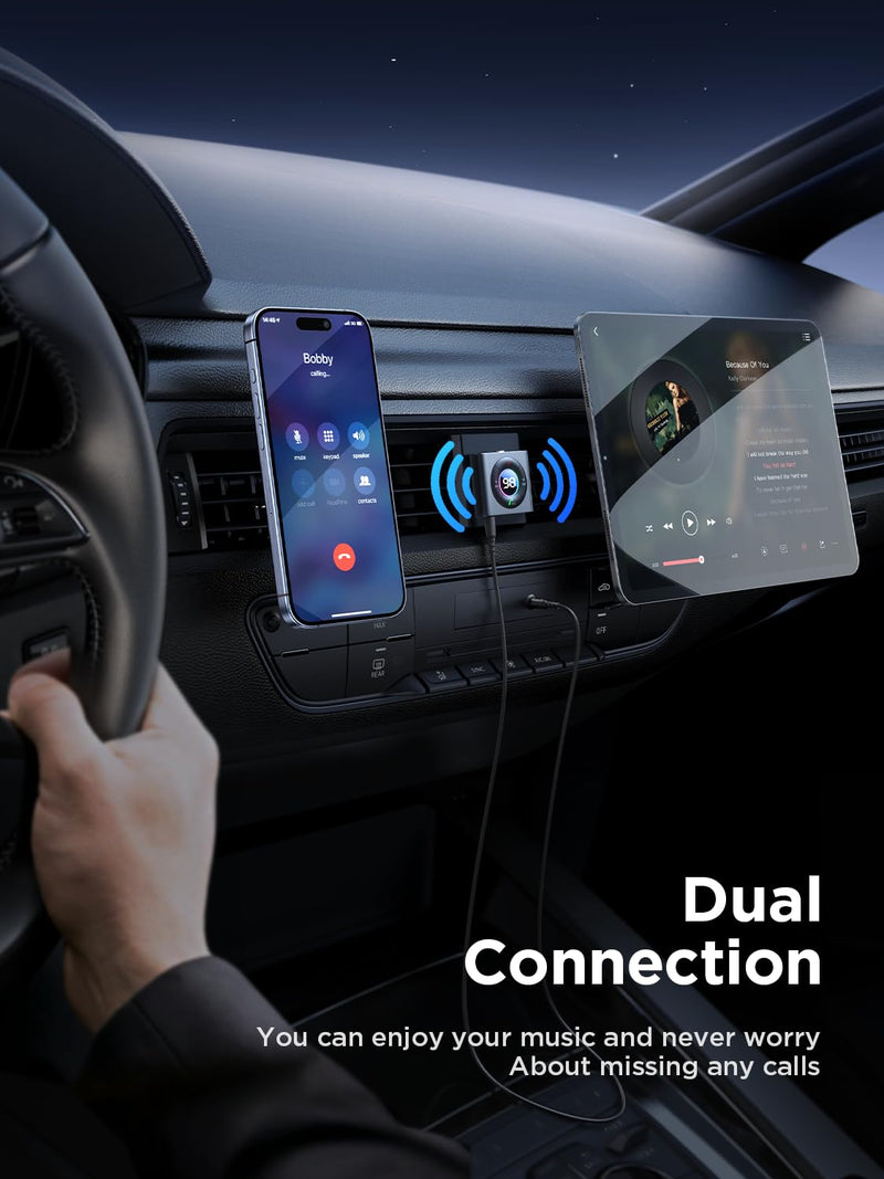 JOYROOM AUX Bluetooth 5.4 Car Adapter [Dual Mics& HiFi Deep Bass Sound] [Noise Cancelling& Battery Life Display] Bluetooth Receiver for Music/Hands-Free Calling, 26H Battery Life, 2024 Upgrade, Metal Dark Gray