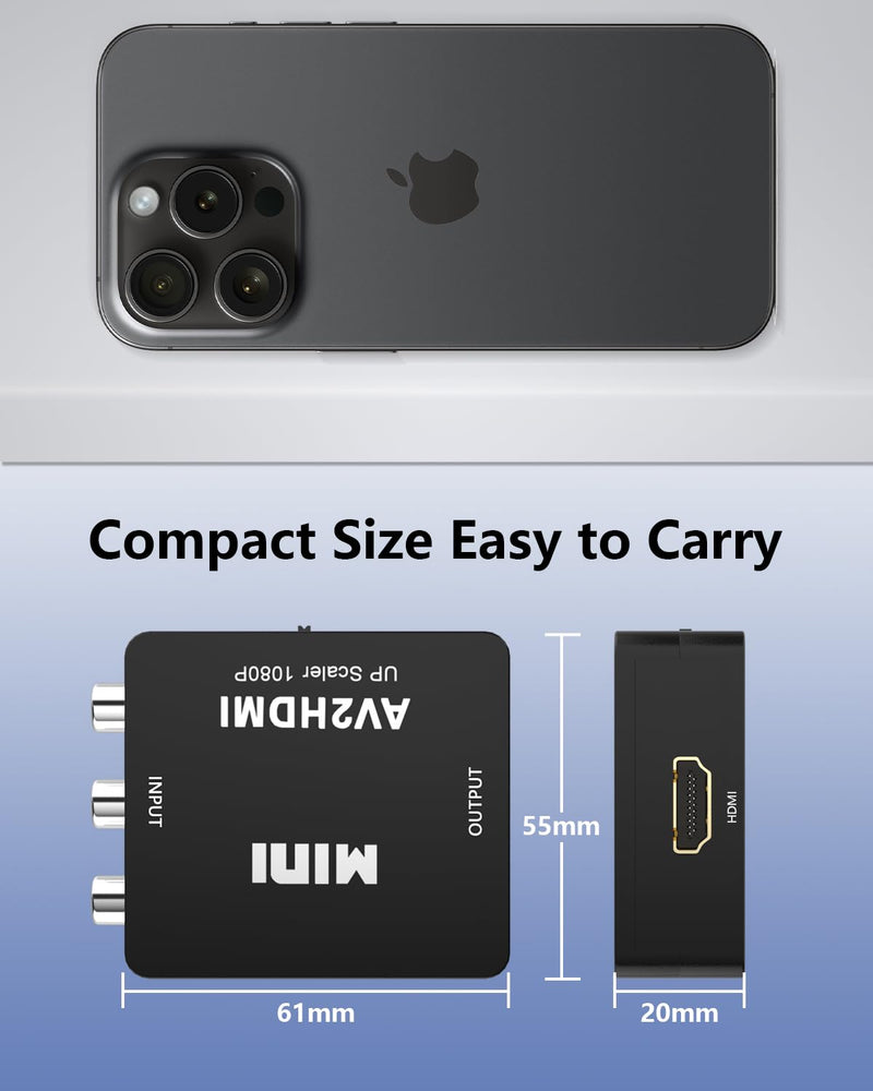 RCA to HDMI Converter AV to HDMI Adapter - 1080P Mini RCA Composite CVBS Video and Audio Conversion, Connect VCR/Wil/Game Consoles/PS4/ N64/TV/VHS to HDMI-Compatible Devices Converter Support PAL/NTSC