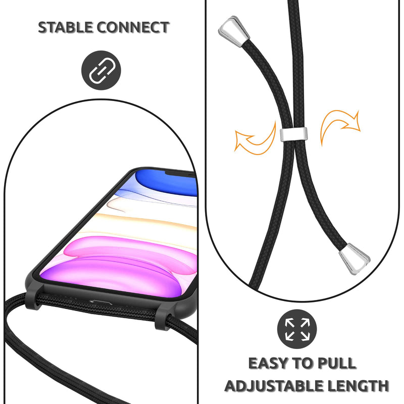 UEEBAI Crossbody Lanyard Phone case for iPhone 12, Silicone Phone Cover with Adjustable Necklace Strap Soft Belt Neck Cord Lanyard Shockproof Protective Case - Black