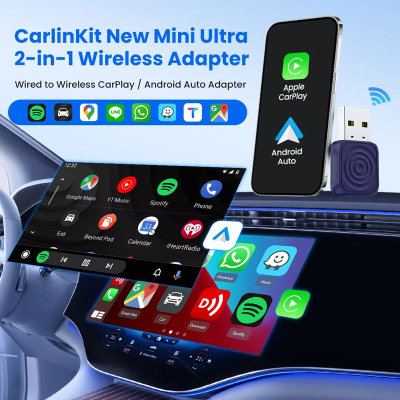 CarlinKit Mini Ultra 2-in-1 Wireless CarPlay & Android Auto Adapter | Wired to Wireless,USB-A/C Easy Setup No App,Auto-Reconnects Instantly,5.8GHz WiFi No Lag,OTA Updates with iOS 10+&Android 11+