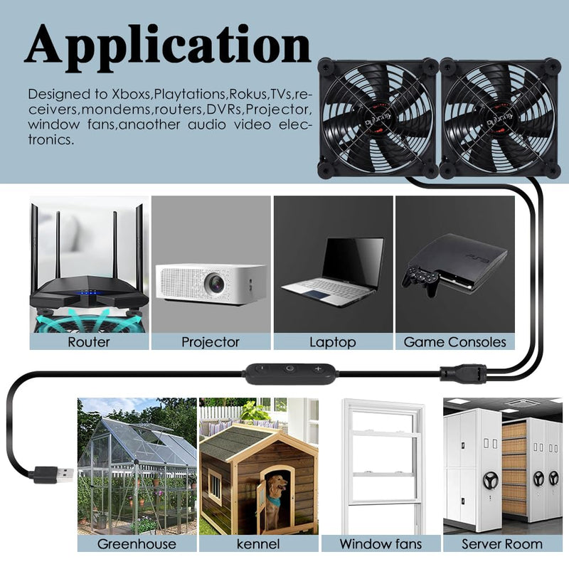 140mm Dual Quiet Cooling Fan - 10 Speed Adjustable (USB 5V/DC 12V), IPX5 Waterproof | Great for Router, TV Receiver, DVR, PC, Tablet, Computer Cabinet, Greenhouse, Kennel & More Cooling