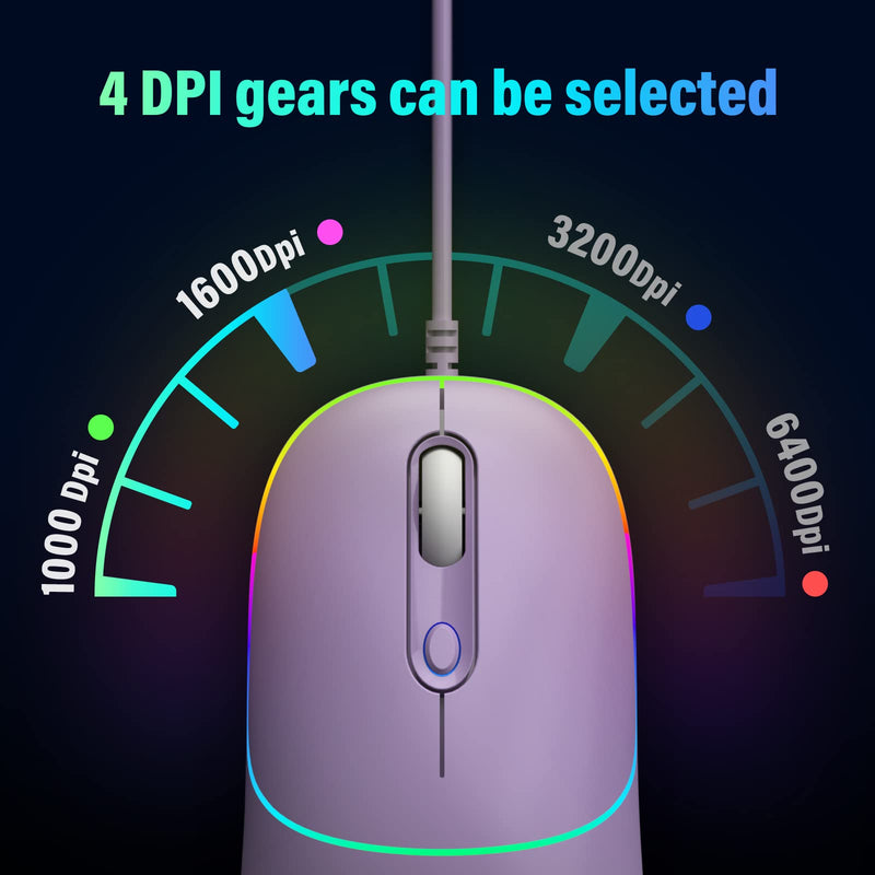 Wired Mouse, USB Computer Mouse Backlit Ultra Silent Wired Mouse with 6400 DPI, Ergonomic LED Corded Mouse for PC, Laptop, Desktop, MacBook, Windows (Purple) Purple