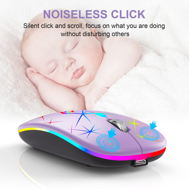 Wireless Mouse, 2.4G Portable Optical Quiet RGB Mouse with USB Receiver and Type C Adapter, 3 Adjustable DPI Levels, Wireless Computer Mouse for Laptop, Computer, PC, MacBook, Desktop Purple