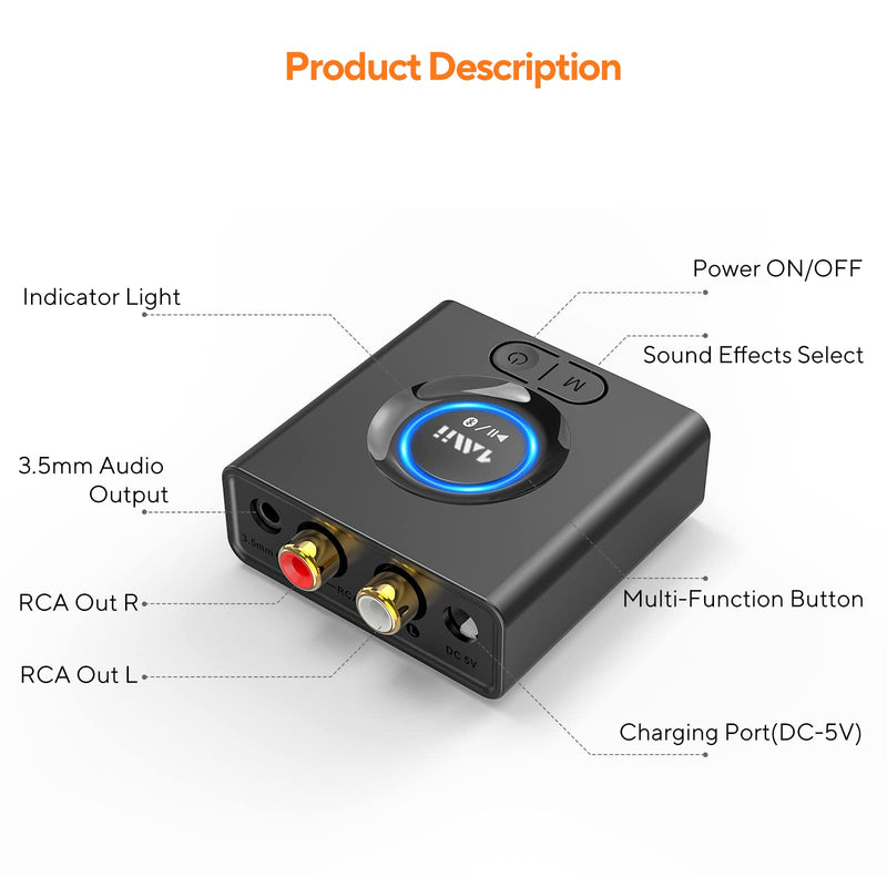 [AUSTRALIA] - 1Mii Bluetooth 5.0 Audio Receiver, Wireless Audio Adapter for Home Stereo Music Streaming System with 3.5 mm RCA, Bass Mode, 12hrs Playtime(Upgraded) 