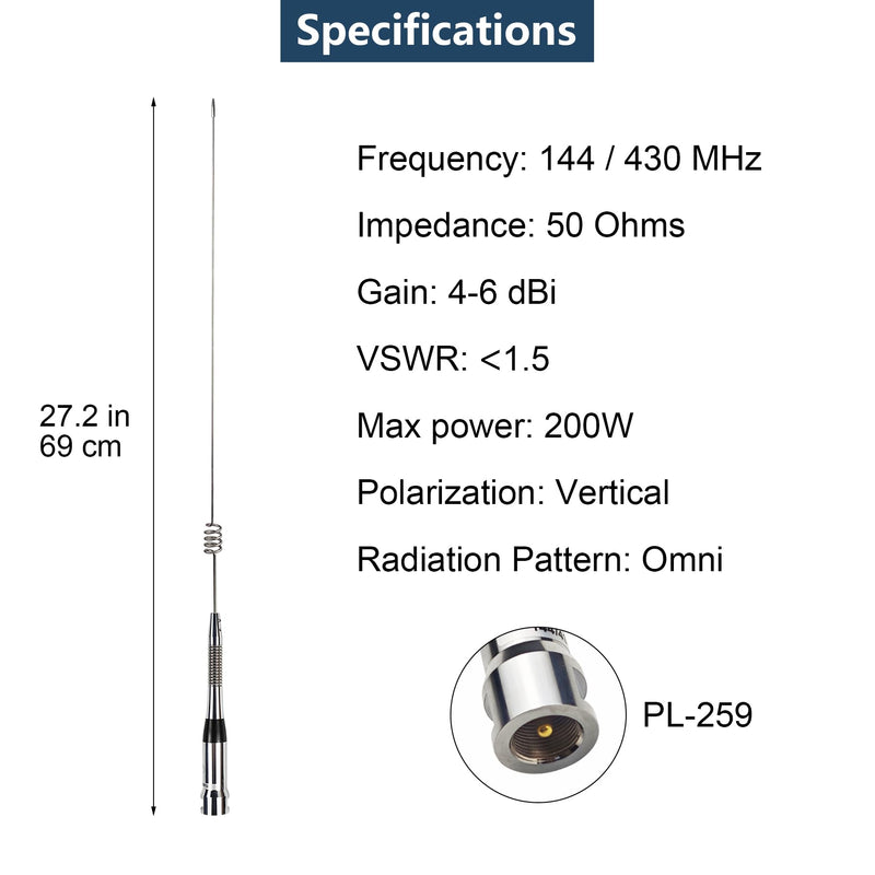 Dual Band Mobile Antenna 70cm 2meter VHF/UHF (144 / 430MHz) Stainless Steel Aerial PL-259 (UHF-Male) Connector for Repeater Ham Mobile Radio Transceiver