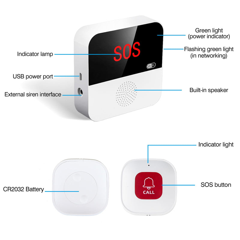 WiFi Elderly Monitoring, Caregiver Pagers Life Alert Systems for Seniors no Monthly Fee, 1 Receiver & 2 Panic Button, Compatible with Tuya Smart/Smart Life APP (Only Supports Wi-Fi 2.4GHz ) 1 Receiver+2 Button
