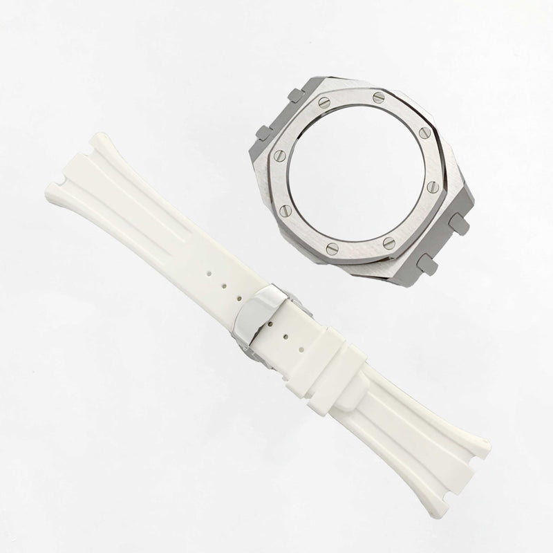 GA2100 Custom Watch Mod Case Band Parts,Stainless Steel Cover 316L Metal Bezel Silicone Watch Strap Kit Compatible With Casioak G shock Ga-2100 Ga-2110 GAB-2100 White Silicone Band