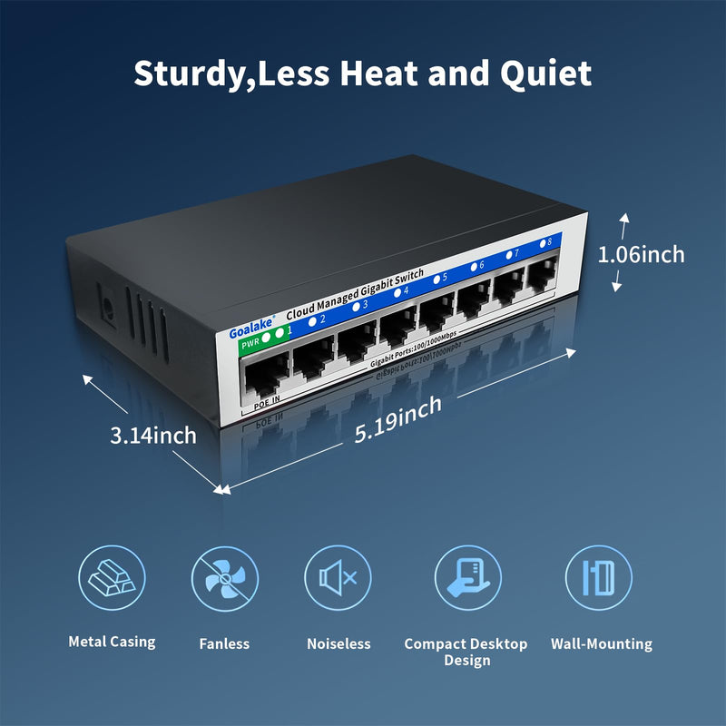 8 Port Gigabit Switch, Easy Smart Managed Ethernet Switch, Network Hub, Ethernet Splitter, Plug & Play, Fanless Metal Design, VLAN, Qos, Support PoE Powered, Desktop or Wall Mount PoE-in 8 Ports