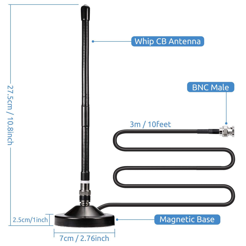 Bingfu Magnetic Base CB Antenna 27MHz with BNC & PL259 Male Connector for Cobra Midland Uniden Maxon President Handheld Portable CB Radio, Mobile Police Scanner - Compact Antenna Design