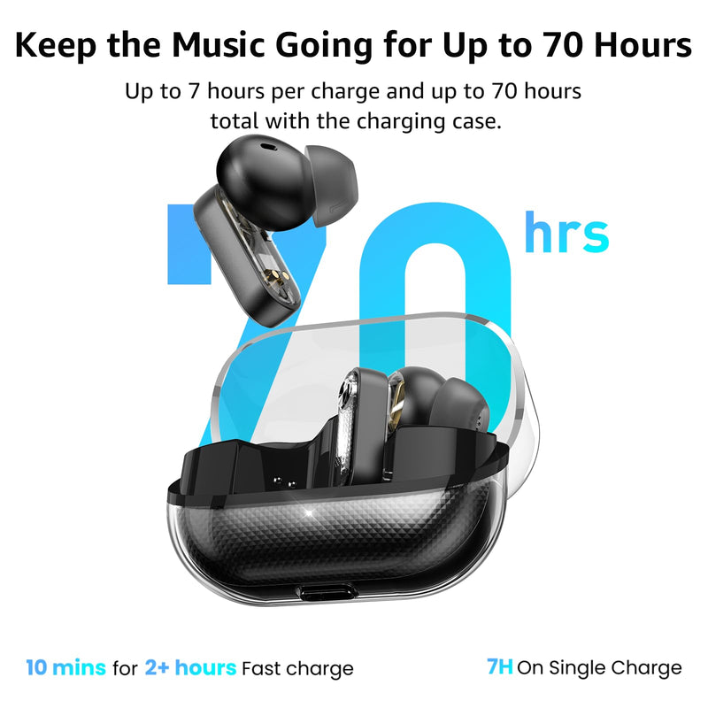 TOZO Crystal Pods Hybrid Active Noise Cancelling Wireless Earbuds, Black | 10mm Drivers Deep Bass, 4 Mics Smart ENC AI Calls, Real-Time AI Translation, 32 EQ via App, Bluetooth 5.4, 70H,Crystal Design