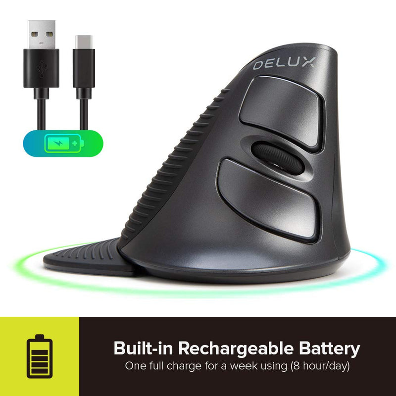 DELUX Upgrade Rechargeable Ergonomic Vertical Mouse, 2.4G Optical Wireless Ergo Silent Mouse with USB Receiver, 6 Buttons, 3 Gear DPI and Removable Palm Rest Reduce Muscle Strain (M618G GX-Black) M618G GX 2.4G Wireless 1600DPI
