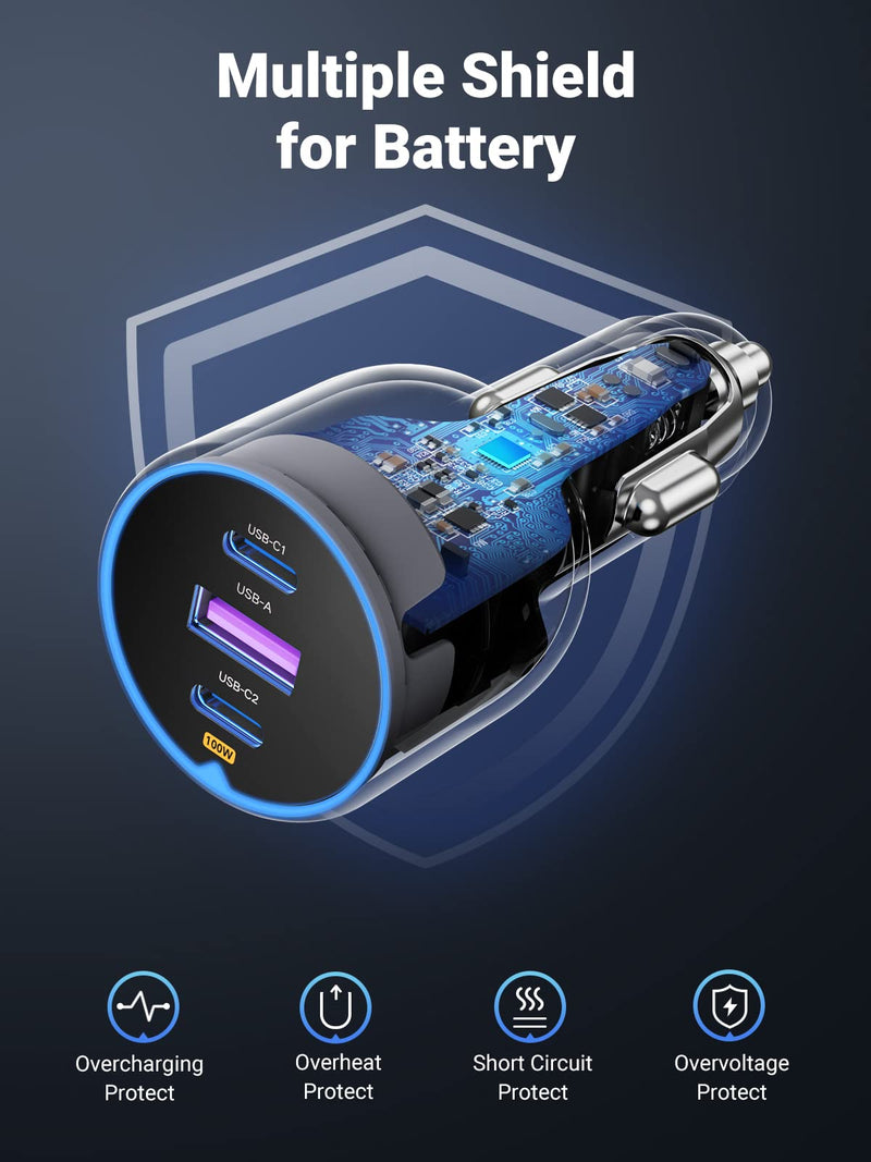 UGREEN 130W USB C Car Charger, PD 100W +PD 30W Type C Car Charger Adapter, Fast Charging Car Charger Compatible with iPhone 15 15 Plus 15 Pro 15 Pro Max, Galaxy S24 S23 Ultra, iPad, MacBook, and More