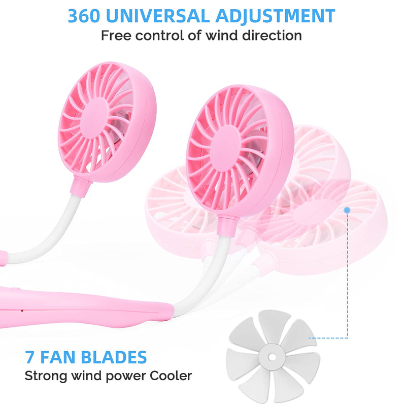 Portable Hanging Neck Sports Fan, Hands Free Personal Wearable Fan-USB Rechargeable Headphone Neckband Fan,3 Speeds,2000mAh,360 Degree Free Rotation Fit for Outdoor Office and Kitchen Pink