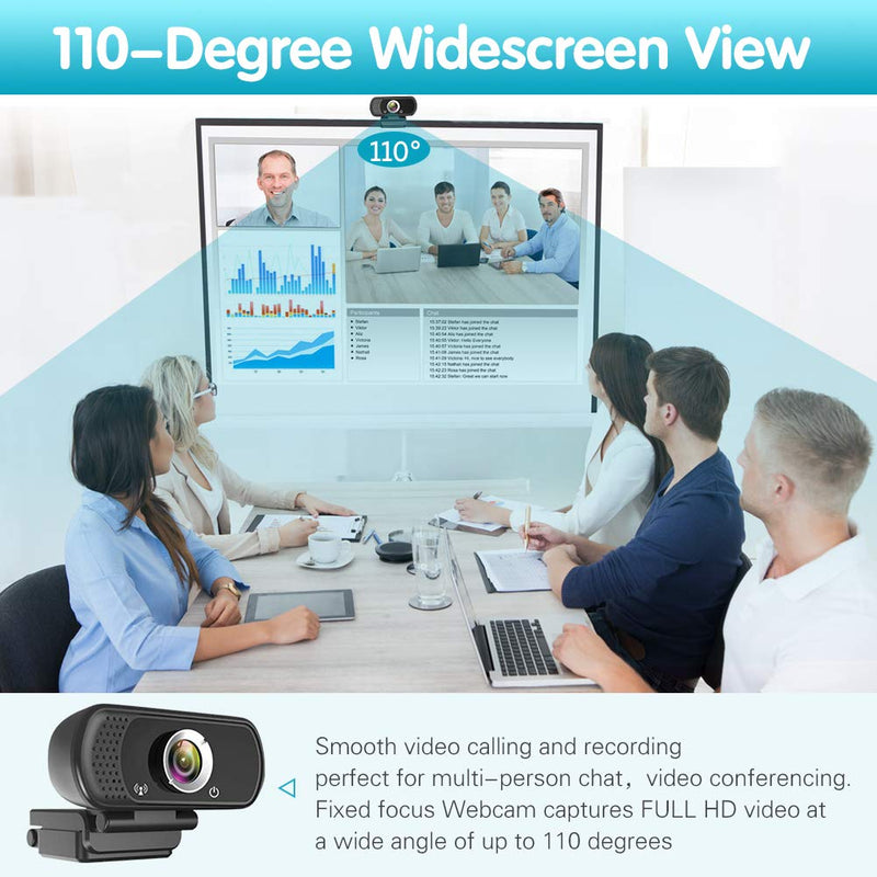 Webcam HD 1080p ,Live Streaming Web Camera with Stereo Microphone, PC Desktop or Laptop USB Webcam with 110 Degree View Angle, HD Webcam for Video Calling, Recording, Conferencing, Streaming, Gaming Black