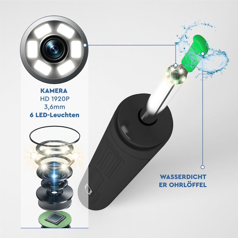 Ear Wax Remover Otoscope with Camera 1920p 3.6 mm WiFi Ear Cleaner - UdiGuard Ear Mirror Ear with 6 LED Lights Adults Rabbits and Children Black - Compatible with iPhone iPad Android Udiguard Black Otoscope