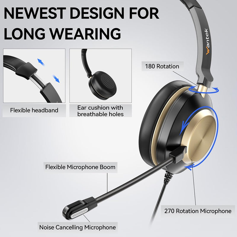 Wantek Headset with Mic, USB Headset with Microphone, Computer Headset with Noise Cancelling Microphone for Laptop PC, Mute in-line Controls 88USBC