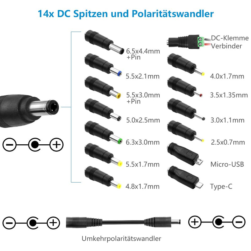 SHNITPWR Adjustable Power Supply 3.5-36V 4A 144W Universal Power Supply Adapter DC 36V 34V 31V 29V 26V 24V 20V 19V 14V 12V 9V 6V 3.5V with 14 Tips & Polarity Cable for Household Electronics LED Strip
