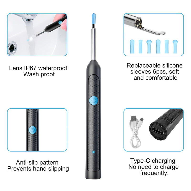 liuchanghe Ear Wax Remover Otoscope, 1920P WiFi Ear Cleaner, IP67 Waterproof Otoscope Ear, 360° Wide Angle Otoscope Camera with 6 LEDs for iPhone, iPad and Android Smartphones (Black)