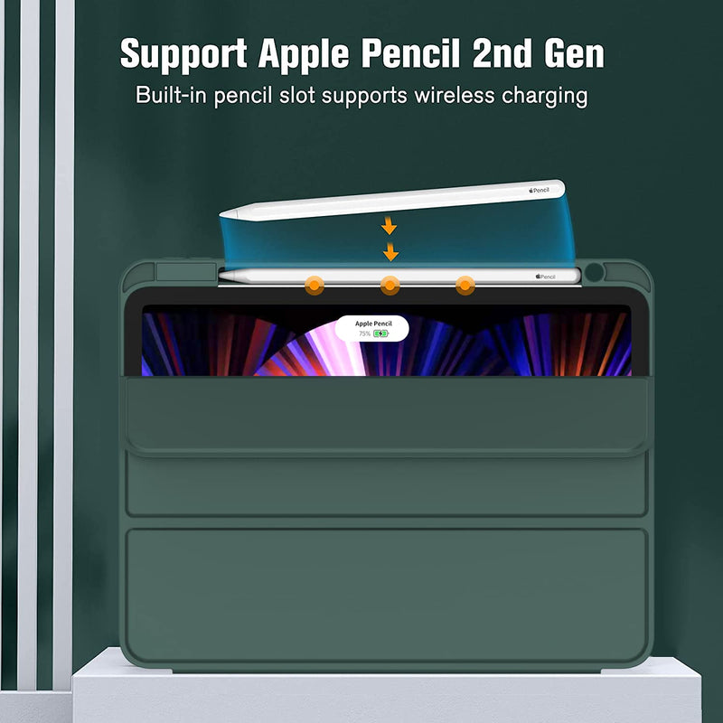 ZryXal New iPad Pro 11 Inch Case 2022(4th Gen)/2021(3rd Gen)/2020(2nd Gen) with Pencil Holder, Smart iPad Case [Support Touch ID and Auto Wake/Sleep] with Auto 2nd Gen Pencil Charging (Midnight Green) Midnight Green