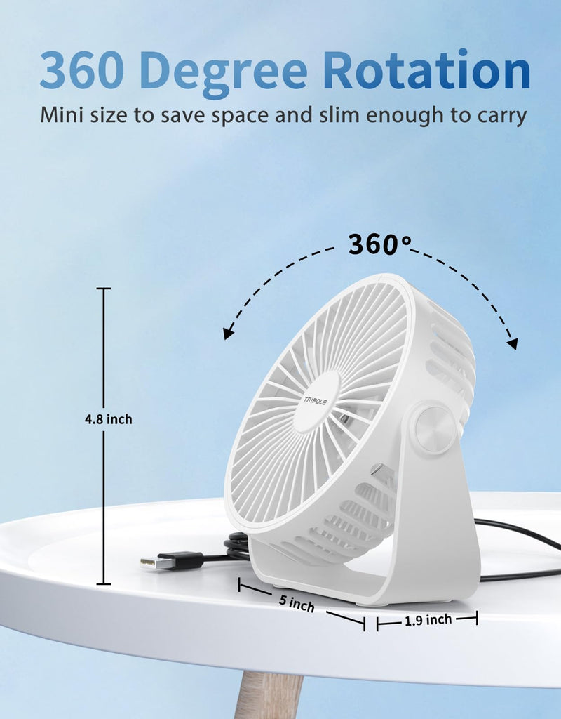TriPole USB Desk Fan 4.5 Inches Portable Mini Fan Powerful 3 Speeds Wind Personal Desktop Fan with 360° Head Rotation for Home Office Car Indoor Outdoor White
