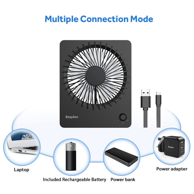 Portable Desktop Battery Operated Fan, EasyAcc 6-Inch Personal Small Desk Fan, [Quiet Step-less Speed Control Fan] 160°Tilt Foldable Hanging Standing Cooling Fan for Travel Office Home Outdoor Black