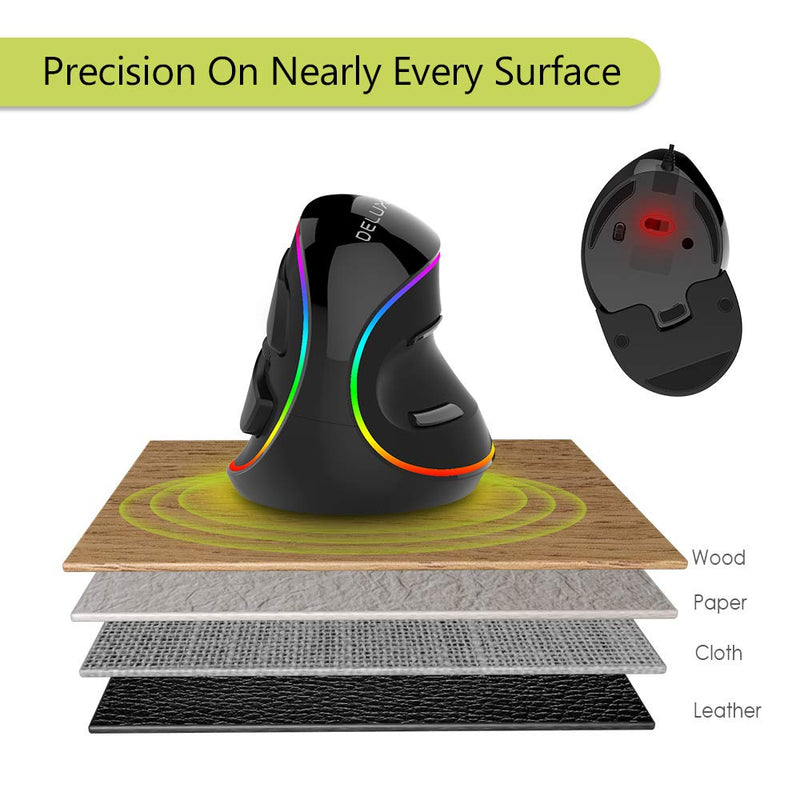 DELUX Wired Ergonomic Vertical Mouse, Large RGB Ergonomic Computer Mouse with 6 Buttons, Removable Wrist Rest, 4000DPI and On-Board Software Reduce Hand Strain,for Carpal Tunnel(M618Plus RGB-Black) Wired with RGB