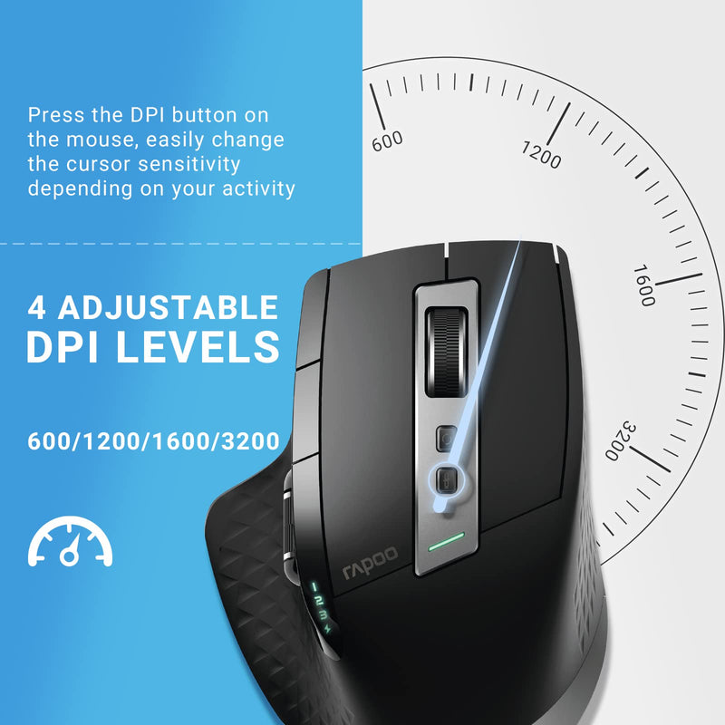 Bluetooth Wireless Mouse, RAPOO 4 Adjustable DPI Rechargeable Bluetooth Mouse, Multi-Device (3 Bluetooth+USB) Programmable Ergonomic Mouse with Side Roller, Laser Mouse for Laptop Desktop PC, Black